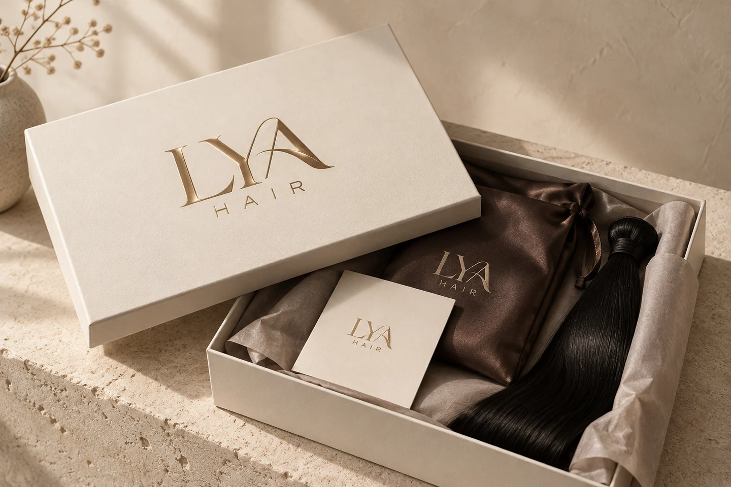 Concept de coffret LYA HAIR : boîte ivoire texturée, monogramme cuivre, pochette chocolat et carte